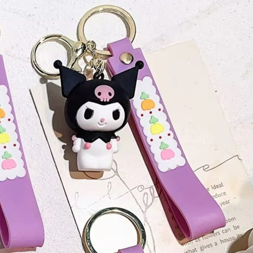 Kuromi Key Chain with Purple Strap & Flowers